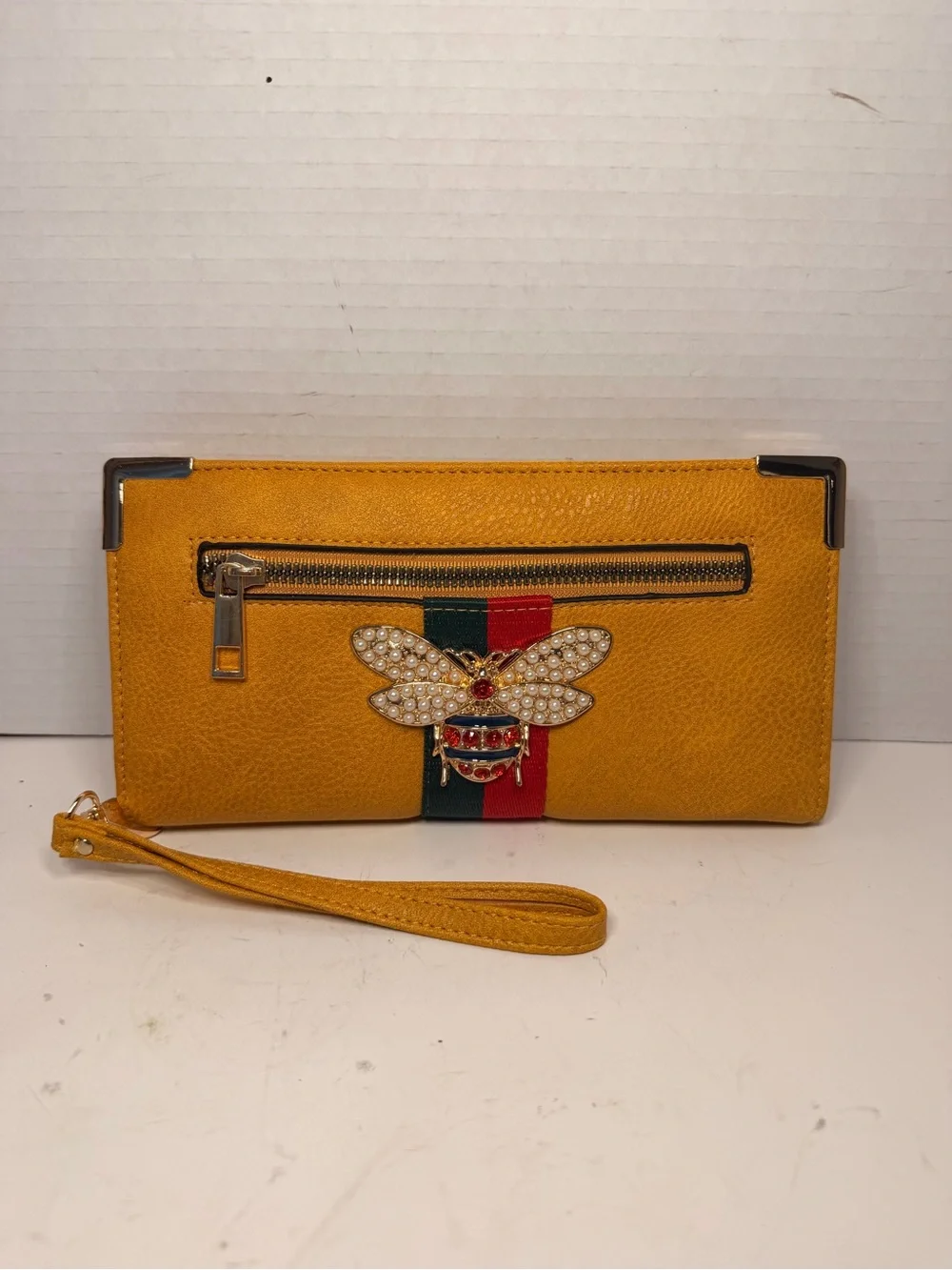 New Bee Embellished Yellow Faux Leather Wristlet Wallet with Stripe Detail